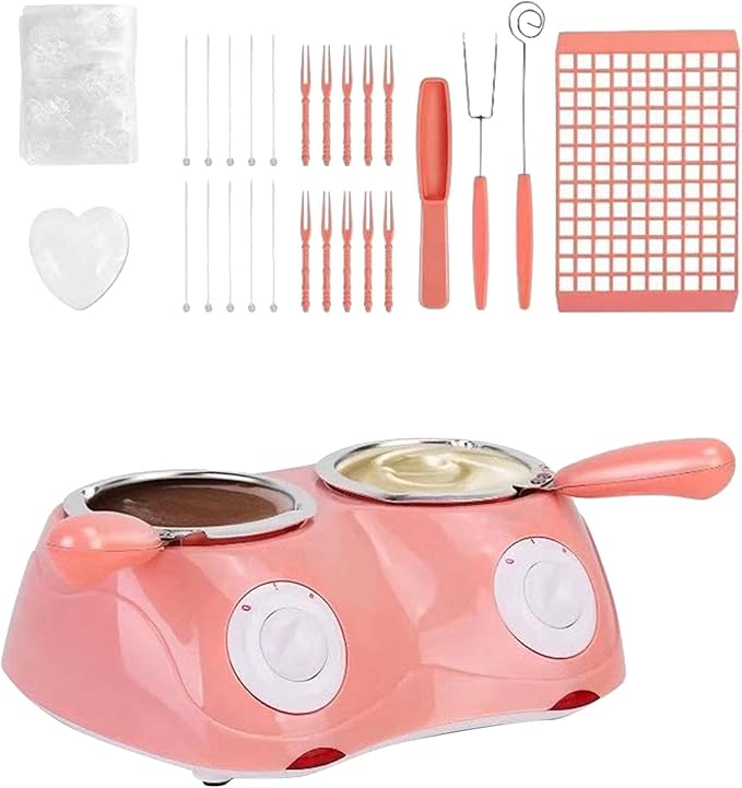 Chocolate Melting Pot with Dual Bowls, 2-Speed Temperature Fondue Maker, Chocolate Melter DIY Moulds for Cheese, Butter, 8.45oz Fondue Warmer Machine for Candy, Desserts, Home Parties Baking (Pink)