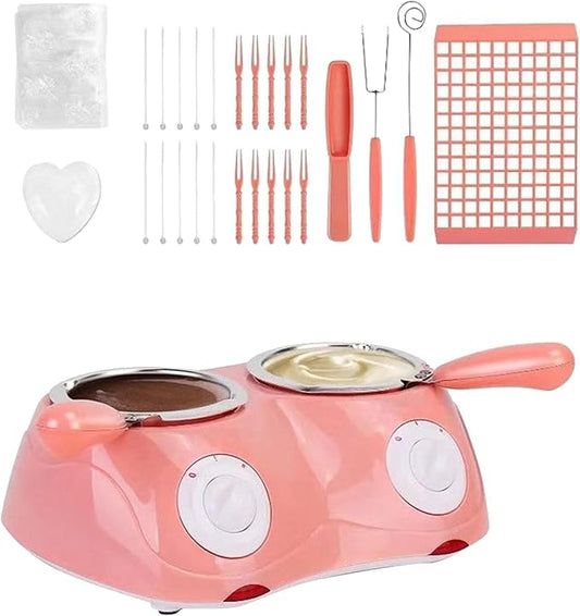 Chocolate Melting Pot with Dual Bowls, 2-Speed Temperature Fondue Maker, Chocolate Melter DIY Moulds for Cheese, Butter, 8.45oz Fondue Warmer Machine for Candy, Desserts, Home Parties Baking (Pink)