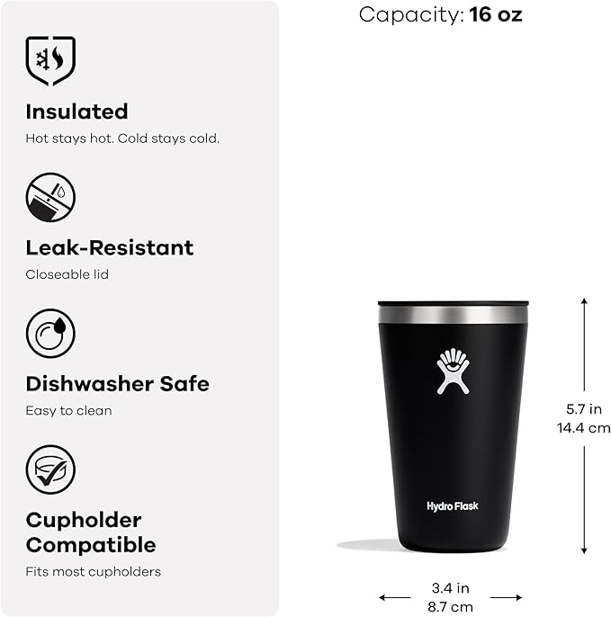 Hydro Flask All Around Tumbler Press-In Lid, Insulated Travel Mug, Stainless Steel Coffee Cup 16 Oz Trillium Pink