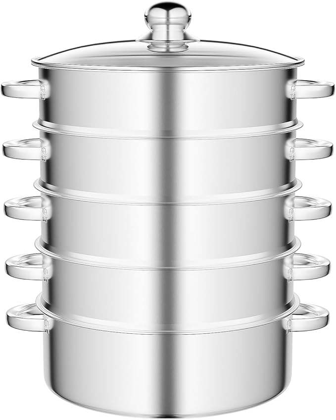 5-Tier Stainless Steel Steamer, Stainless Steel Steamer Basket Multi-Layer Cookware Steamer Pot Food Grade Steamer Pot with Glass Lid and Handles for Home Kitchen Restaurant Hotel (Silver A, 11inch)