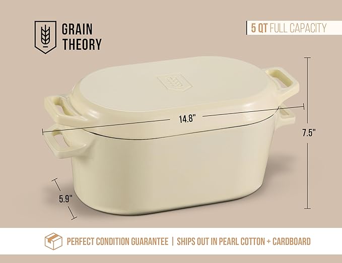 Kook Dutch Oven, For Sourdough Baking, Dual Handles, Enameled Cast Iron, includes Silicone Mat and Sourdough Guide, Dishwasher Safe, 5 Qt, (Ivory)