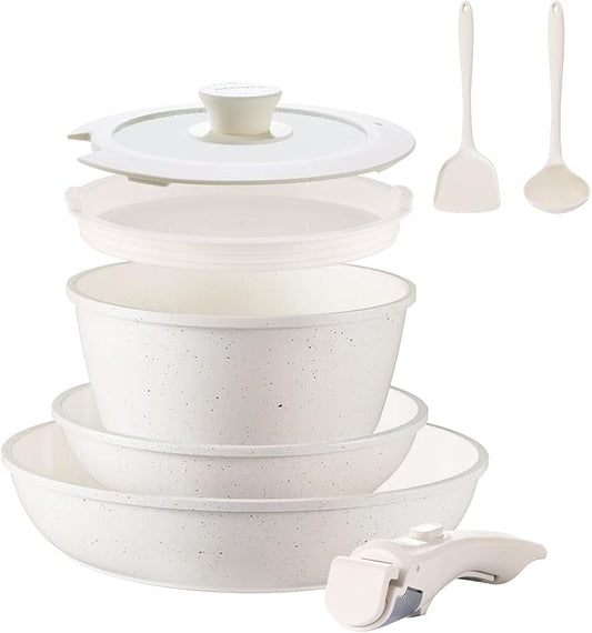 8pcs Ceramic Pots and Pans Set, Non Stick Cookware Set, Detachable Handle Cookware, Induction Kitchen Cooking Set with Removable Handle,Oven Safe, Induction Fast, Stackable Cookware Set