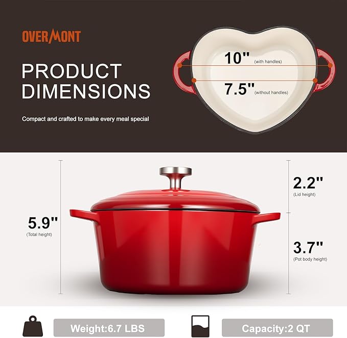 Overmont Enameled Cast Iron Dutch Oven - Heart-Shaped Pot with Lid Cookbook & Cotton Pot Holders - Mini Cookware Oven Safe to 500°F for Bread Baking Soups Stews - Great Gift for Wedding Birthday Housewarming 2QT Red