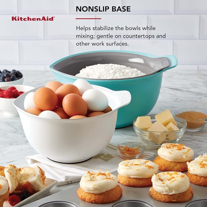 KitchenAid Universal Nesting Plastic Mixing Bowls,Set Of 3,2.5 quart,3.5 quart,4.5-quart,Non Slip Base with Easy Pour Spout to Reduce Mess,Dishwasher Safe,Aqua Sky,White,Gray,(Pack of 2)