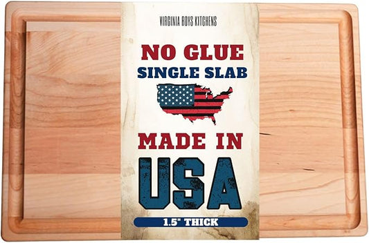 Cutting Board Made in USA - NO GLUE - SINGLE SLAB - Maple Wood Butcher Block by Virginia Boys Kitchens - 100% real hardwood 17" x 11" x 1.5" Thick Wood (Maple Wood, 17" x 11" x 1.5")