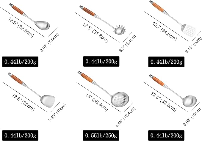 Stainless Steel Cooking Utensils with Wooden Handle, 6 PCS Stainless Steel Kitchen Utensils 12.5"-14", Wok Spatula, Ladle, Skimmer, Slotted Spatula Turner, Spaghetti Spoon, Large Spoon