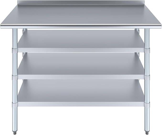 AmGood Stainless Steel Work Table with 1.5" Backsplash and 3 Shelves | Metal Kitchen Food Prep Table | NSF (48" Long x 24" Deep)