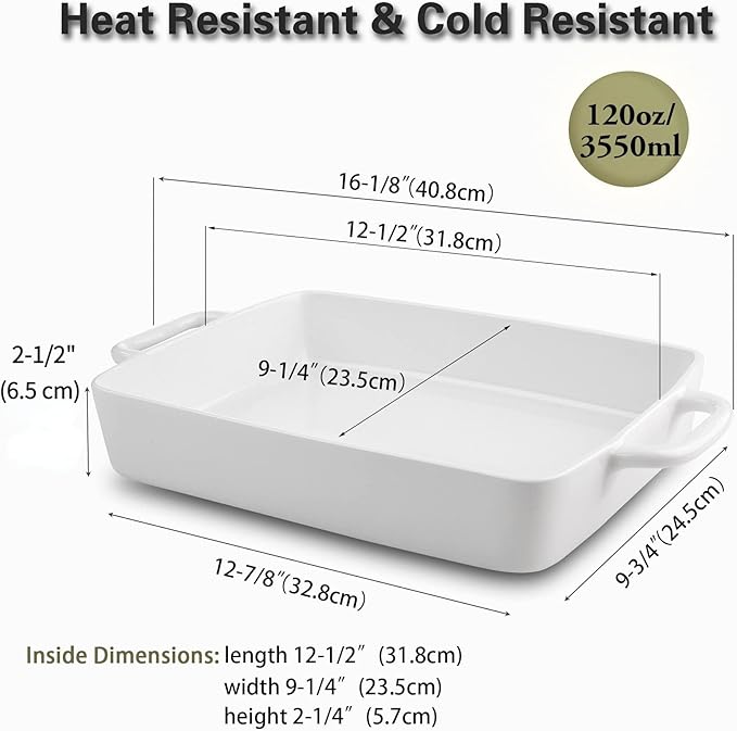 9 x13 Baking Dish Ceramic Lasagna Pan for Oven, Large Bakeware Tray Rectangular Casserole Dishes with Double Handle for Cooking and Daily Use -White