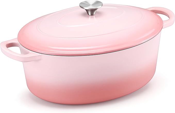 E-far 7QT Oval Dutch Oven Pot with Lid, Enameled Cast Iron Dutch Oven with Dual Handles, Heavy-Duty Cookware for Sourdough Bread Baking, Braising, Stews, Oven Safe & Easy Clean, Pink
