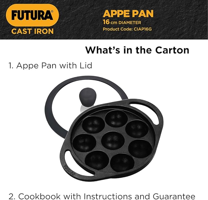 Hawkins Futura 16 cm Cast Iron Appe Pan, Non Stick Paniyaram Pan with Glass Lid, 8 Cups Paniyarakkal Pan, Litti Pan, Kuzhi Paniyaram Pan, Ponganalu Pan, Black (CIAP16G)