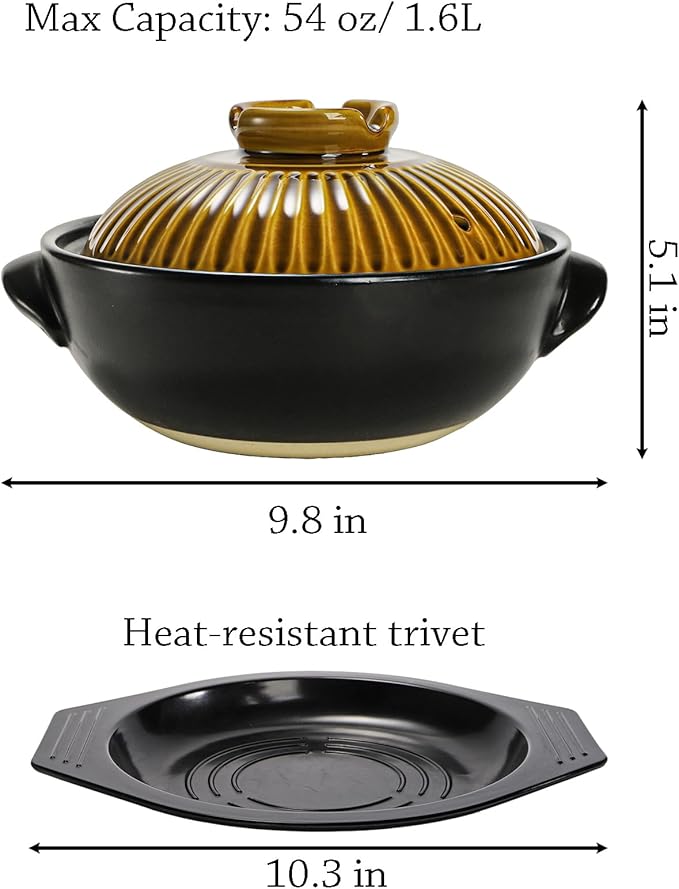 Okllen Large Korean Ceramic Bowl with Lid and Platter, 54 oz Clay Pot for Cooking, Sizzling Hot Pot for Dolsot Bibimbap, Soup, Casserole, Rice, Stew, Noodle