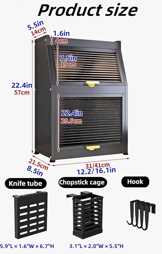 Modern Countertop Storage Cabinet with Acrylic Doors, Multi-Layer Metal Spice Organizer Rack with Knife Holder, Utensil Cage, Hooks, Compact Kitchen Dish Cabinet(Black,12.2 X 8.5IN X 22.4IN)