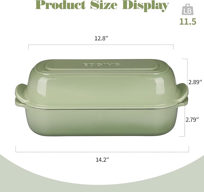 Enameled Cast Iron Loaf Pan with Lid, Bread pan, Dutch Oven Bread pan for Homemade Sourdough Bread Baking, 12.5x5.5 inch, 5qt, Pistachio Green