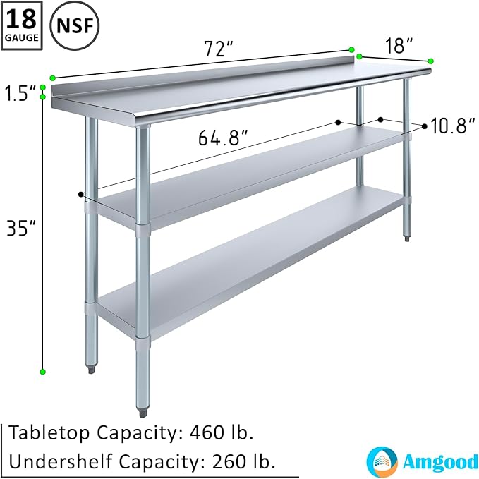 AmGood Stainless Steel Work Table with 1.5" Backsplash and 2 Shelves | Metal Kitchen Food Prep Table | NSF (72" Long x 18" Deep)
