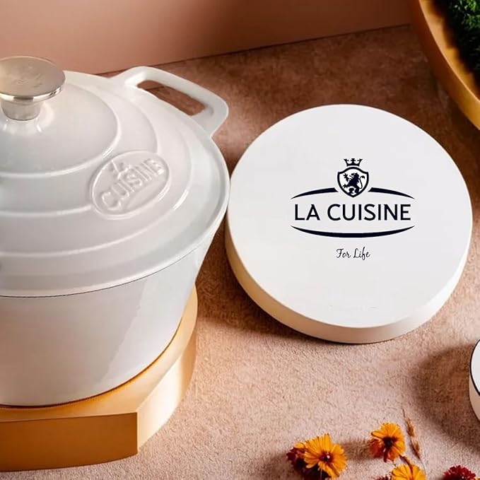 La Cuisine Enameled Cast Iron Dutch Oven Casserole Dish Pot with Lid 5 QT 10.3" /26cm Cream White Enamel Coating Interior, White Enamel Coating Exterior, Oven Safe up to 500° F