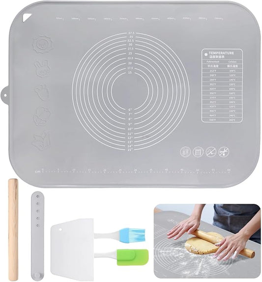 Silicone Pastry Mat, 31.5×23.6 Non-Stick Baking Mat, Extra Thick Kneading Mat with Accessories Like Scraper, Cutter, Rolling Pin