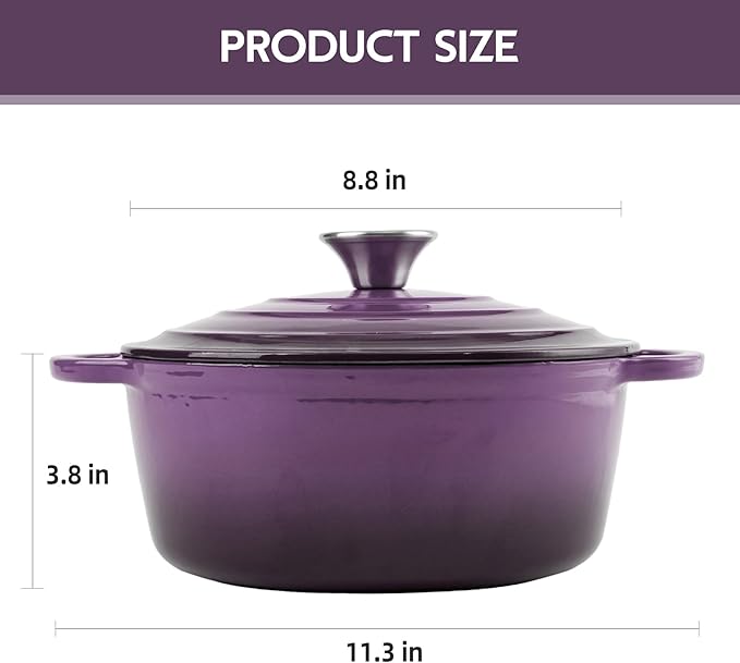 3 Quart Dutch Oven Enameled Cast Iron with Lid - Big Dual Handles - Oven Safe up to 500°F - Classic Round Pot for Versatile Cooking Purple