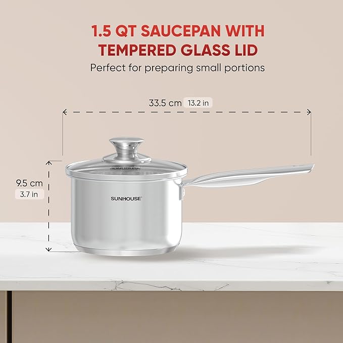 SUNHOUSE – 1.5 Quarts Stainless Steel Sauce Pan with Lid - PFOA-FREE, Stainless Steel Sauce Pan, Advanced Impact Bonding Induction Base, Stay-Cool Handle, Compatible with All Cooktops