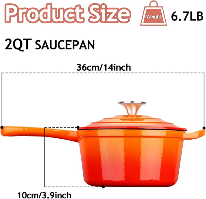 TeamFar 2QT Enameled Cast Iron Sauce Pan, Small Sauce Pot Saucepan with Lid, Mini Dutch Oven for Cooking/Baking/Simmering/Boiling, Sturdy & Nonstick, Oven Safe & Fit for Induction- Orange