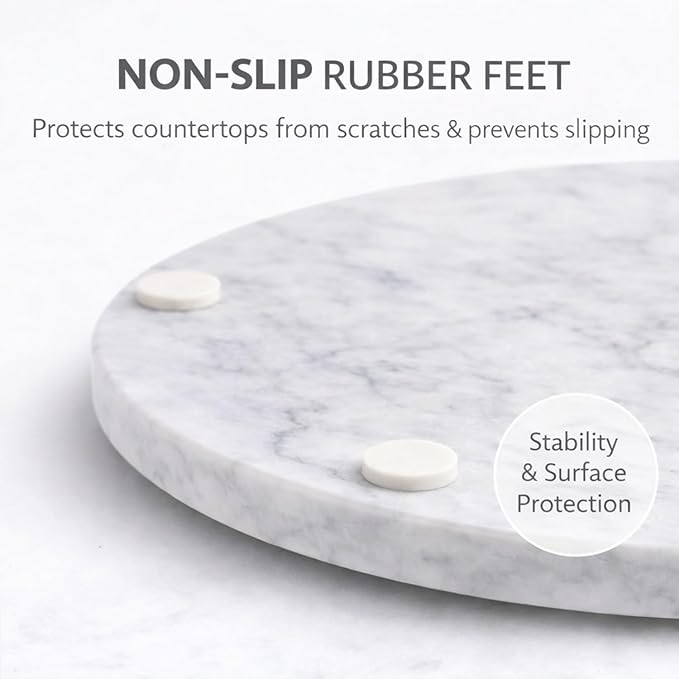 11-Inch Round Marble Cheese Board – Solid White Natural Stone Cutting Board & Charcuterie Serving Tray with Non-Slip Feet, 0.5” Thick, Easy to Clean.
