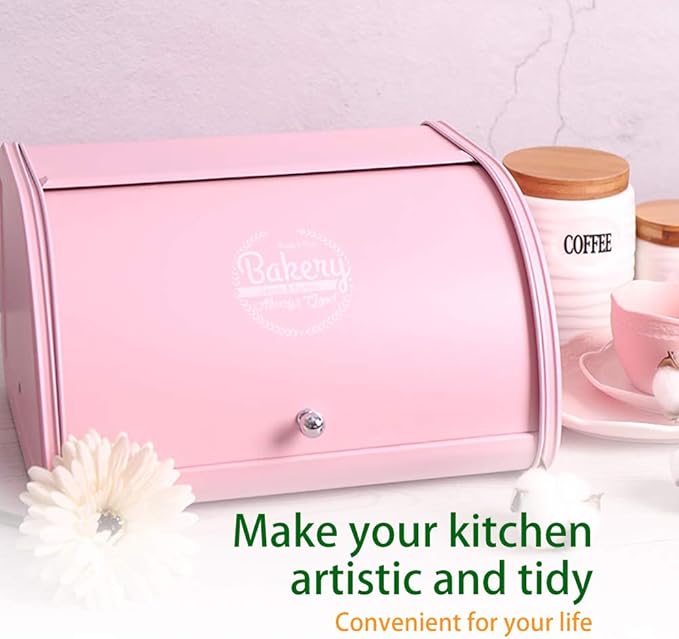 KL X458 Pink Bread Box Roll Top, Metal Bread Box for Kitchen Countertop, Large Capacity, Keeps Bakery Items Fresh Longer, Bread Bin for Kitchen Countertop, Breadbox to Store Cookies, Bagels, Muffins