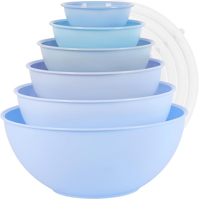 BoxedHome BPA Free Plastic Round Mixing Bowl with Lids, 12 Pack Nesting Bowls with Lids Set, Microwave and Dishwasher Safe Prep & Serving Bowls Great for Mixing, Baking, Serving (Pale Blue, 12pcs)