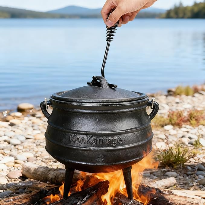 12 Quart Cast Iron Dutch Oven Cauldron Pot - Camping Cookware with Lid - Pre-Seasoned Heavy-Duty Potjie for Stews, Soups, Braising, and Frying Over Fire Pit Grill or Camp Stove