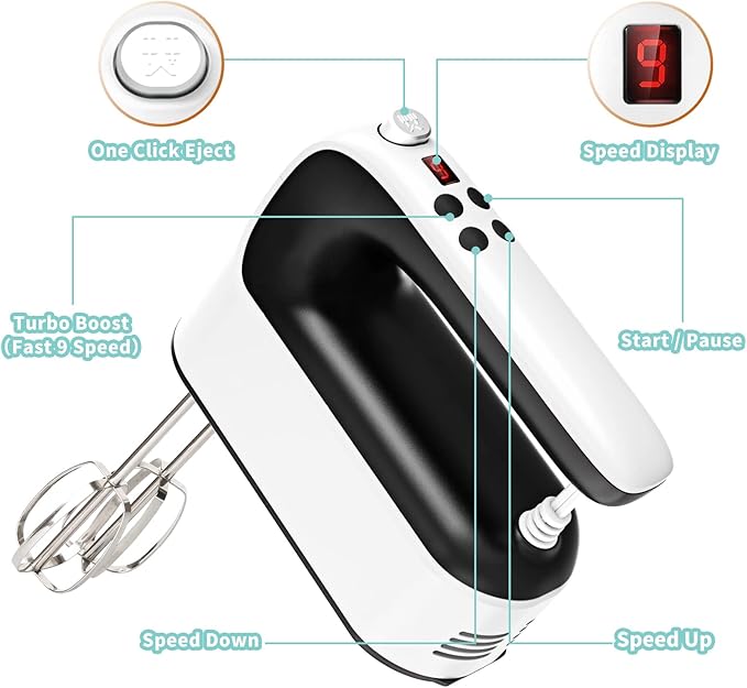 9-Speed Digital Hand Mixer Electric, 400W Powerful DC Motor, Hand Mixer Electric Handheld with Snap-On Storage Case, 5 Stainless Steel Accessories, Beaters, Dough Hooks, Whisk(White/Black)