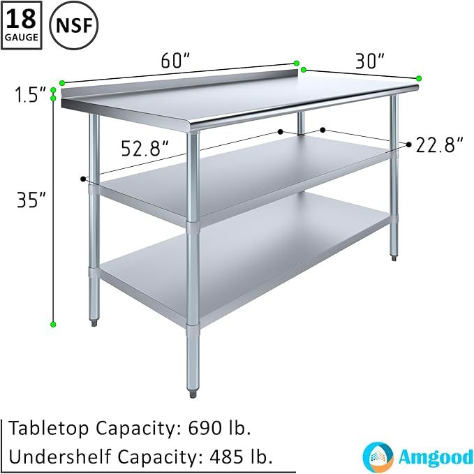 AmGood Stainless Steel Work Table with 1.5" Backsplash and 2 Shelves | Metal Kitchen Food Prep Table | NSF (60" Long x 30" Deep)