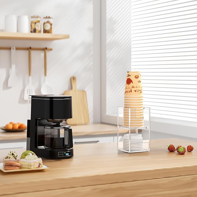 Coffee Condiment and Cup Organizer - 2-Tier Upright Cup and Lid Holder with Straw Organizer 2 Compartments Clear Acrylic Cup Dispenser for Restaurant Breakroom Coffee Station Countertop