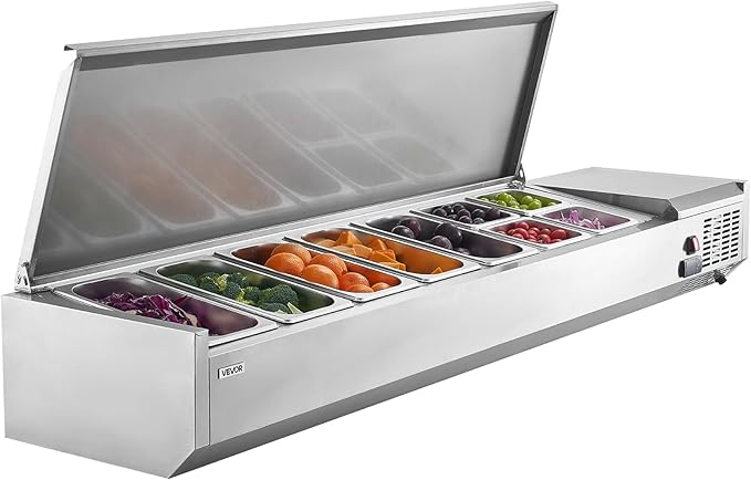VEVOR Refrigerated Condiment Prep Station, 140 W Countertop Refrigerated Condiment Station, with Five 1/3 Pans & Four 1/6 Pans, 304 Stainless Body and PC Lid, Sandwich Prep Table with Stainless Guard