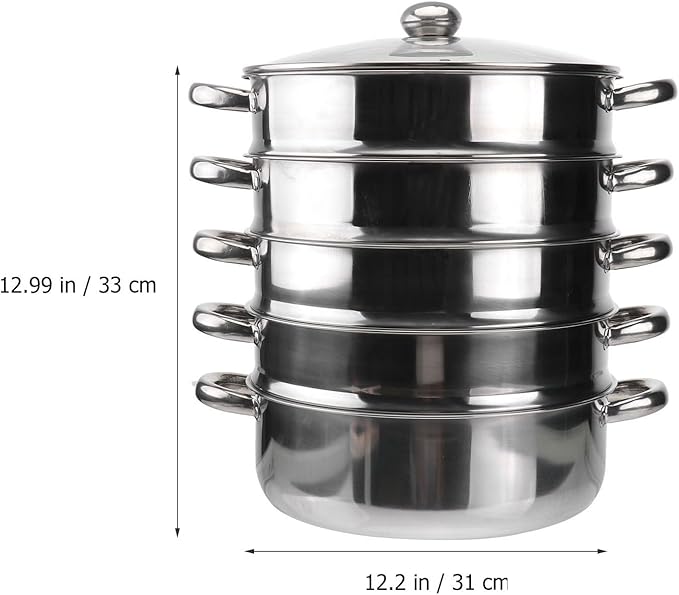 Hemoton Stainless Steel Steamer Pot 14.7 Inch 5-Tier Steaming Pot with Lid Multi-Layer Stockpot for Cooking Vegetables Dumplings Soup and More Dishwasher Safe