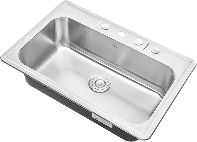 CozyBlock 33 x 22 x 9 Inch Top-mount/Drop-in Stainless Steel Single Bowl Kitchen Sink with Strainer and Protective Bottom Grid - 18 Gauge Stainless Steel-4 Faucet Hole