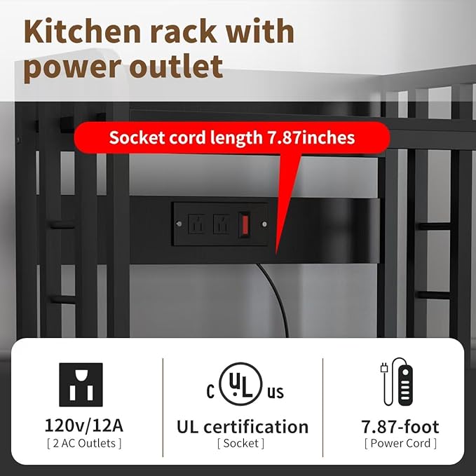 Bakers Rack with Power Outlet ，Microwave Stand 4-Tier Kitchen Baker's Rack, Free Standing Baker's Rack Kitchen Stands with Storage Suitable for Kitchen, Living Room, Dinning Room，Coffee Bar (Black)