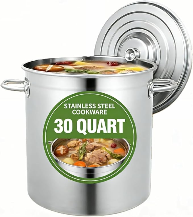 Stainless Steel Cookware Stockpot, 30Qt Heavy-Duty Cooking Pot, Large Stock Pot with Lid & Handles for Frying, Brewing, Seafood Boil & Soup, Even Heat Distribution, Easy-Clean