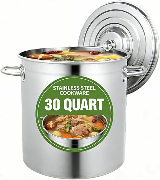 Stainless Steel Cookware Stockpot, 30Qt Heavy-Duty Cooking Pot, Large Stock Pot with Lid & Handles for Frying, Brewing, Seafood Boil & Soup, Even Heat Distribution, Easy-Clean
