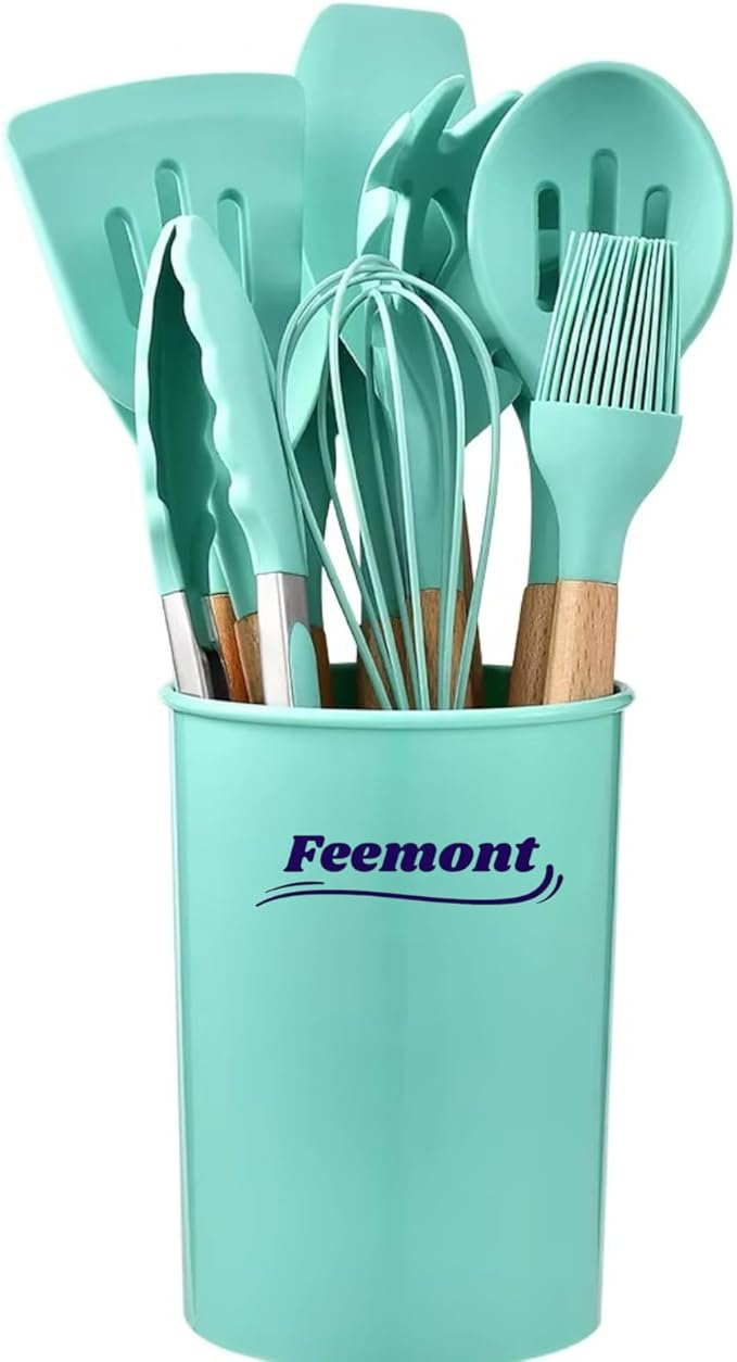 33-Piece Silicone Kitchen Cooking Utensils Set with Holder| Heat-Resistant | Non-Stick Cooking Utensils with Wooden Handles – BPA-Free Cookware Utensils set | Kitchen Tools Great for Gifting (GREEN)