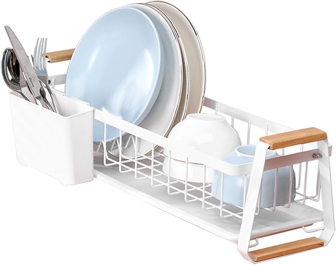 Dish Rack, Over Sink Metal and Wood Dish Drainer with Detachable Drip Tray and Utensil Holder, Space Saving Kitchen Organizer for Countertop (White)