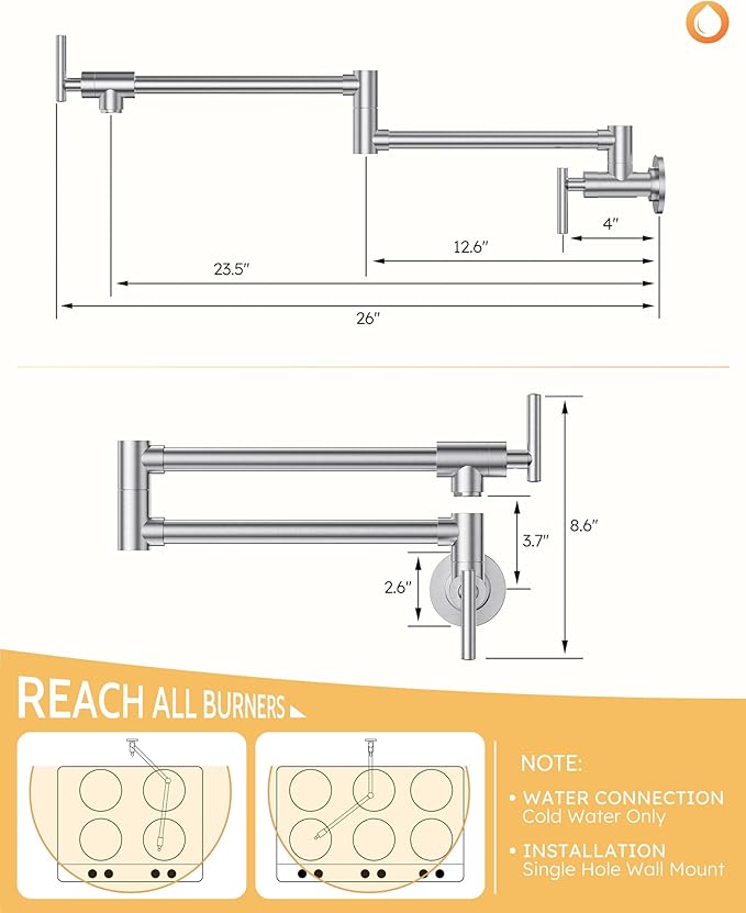 WOWOW Pot Filler Faucet Brushed Nickel, Brass Pot Filler Wall Mount Kitchen Stove Faucet with Double Joint Swing Arms