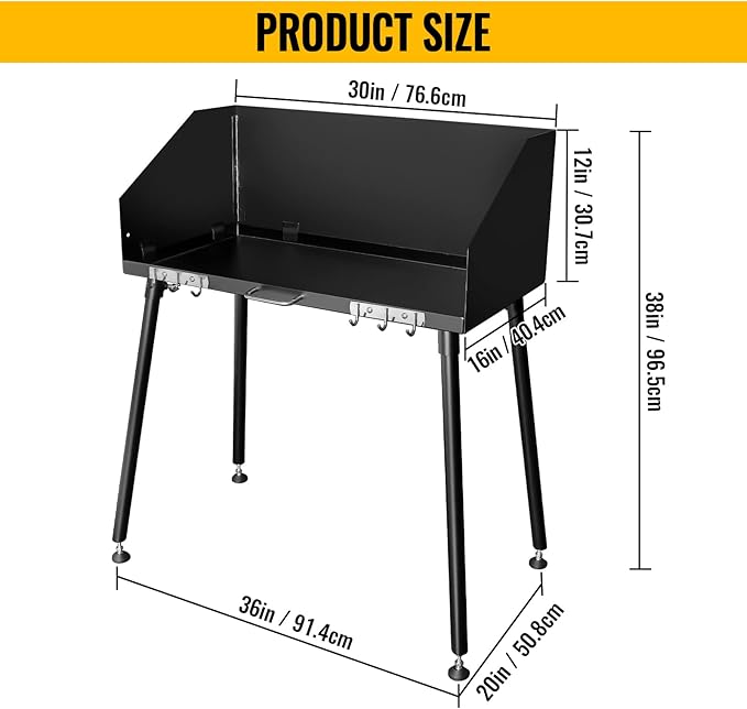 30 x 16 Inch Carbon Steel Dutch Oven Camp Cooking Table with Three-Sided Windscreen and Four Legs for Grill Travel, Outdoor Picnic, Beach, BBQ, Backyards