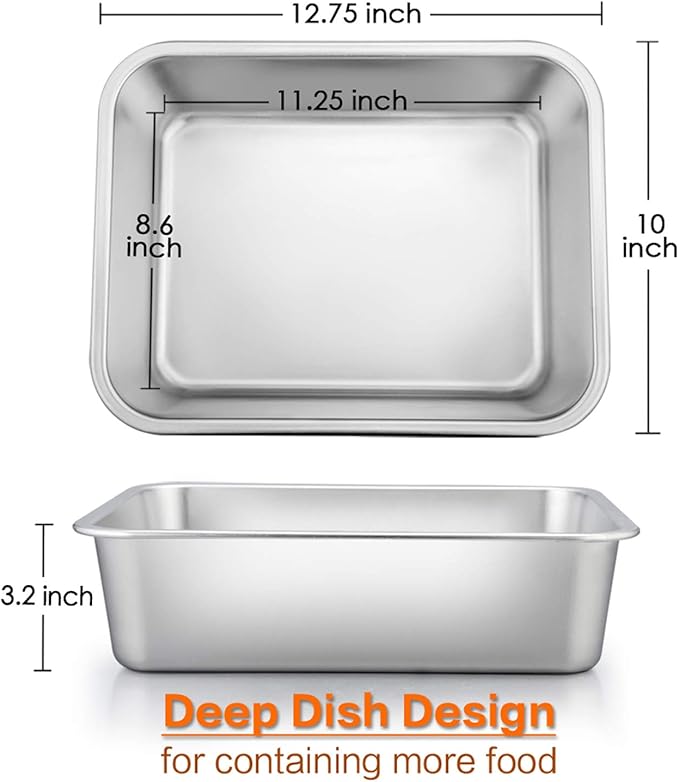 Deep Lasagna Pan, E-far Stainless Steel Rectangular Roasting Baking Pans, 12.75 x 10 x 3.2 Inches Roaster Baking Dish, Non-Toxic & Heavy Duty, Dishwasher Safe