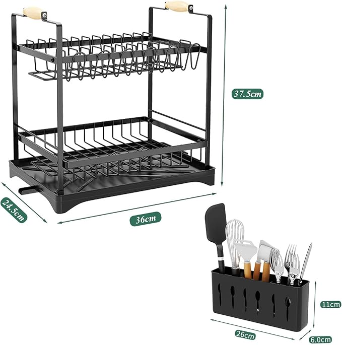 Large Dish Drying Rack, Multifunctional 2-Tier Dish Rack for Kitchen Counter, Anti-Rust Drying Dish Rack with Cutlery and Cup Holders for Various Kitchenware, Black