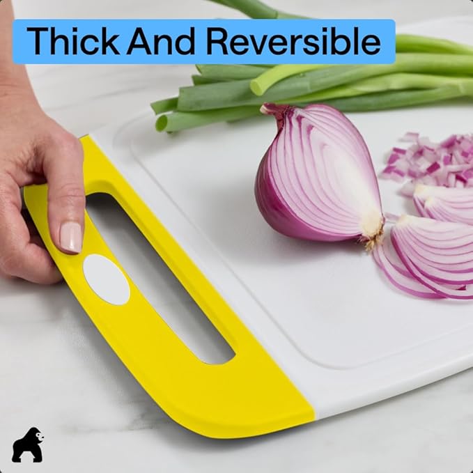 GORILLA GRIP BPA-Free Reversible Kitchen Cutting Board Set of 3, US Designed, Nonporous, Juice Grooves Catch Liquid, Slip Resistant Border, Dishwasher Safe, Durable Large Food Chopping Boards, Yellow