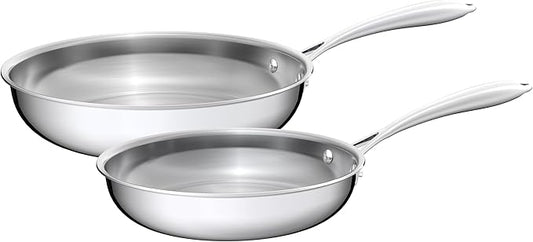 5-Ply 9.5 Inch and 11 Inch Stainless Steel Frying Pans, Dishwasher and Oven Safe, Induction Pan, Even Heat Distribution