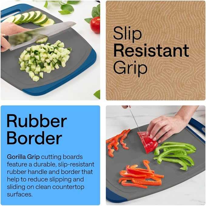 GORILLA GRIP BPA-Free Reversible Kitchen Cutting Board Set of 3, US Designed, Nonporous, Juice Grooves Catch Liquid, Slip Resistant Border, Dishwasher Safe, Durable Food Chopping Boards, Gray Blue