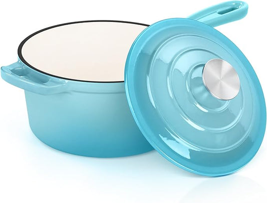 E-far Enameled Cast Iron Sauce Pan, 2 Quart Dutch Oven Saucepan with Lid, Small Sauce Pot for Cooking, Boiling, Healthy & Non Toxic, Induction & Oven Safe, Light Blue