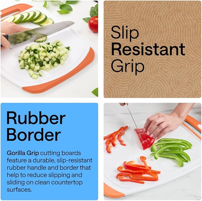 GORILLA GRIP BPA-Free Reversible Kitchen Cutting Board Set of 3 US Designed, Nonporous, Juice Grooves Catch Liquid, Slip Resistant Border, Dishwasher Safe Large Food Chopping Boards, Lime Orange Lemon