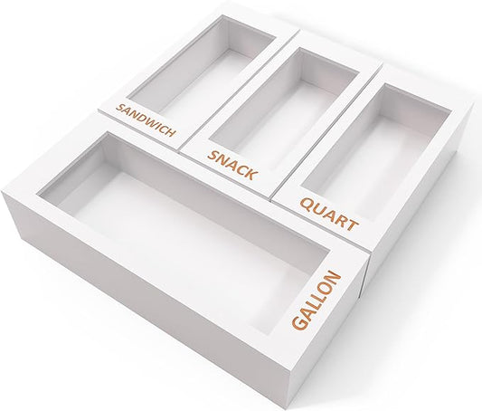 DALSHABET Bamboo Storage Bag Organizer for Kitchen Drawer, 4 Separate Food Storage Bag Organizer, 12x14 Baggie Organizer Dispenser for All Brands Gallon, Snack, Sandwich & Quart Slider Bags White