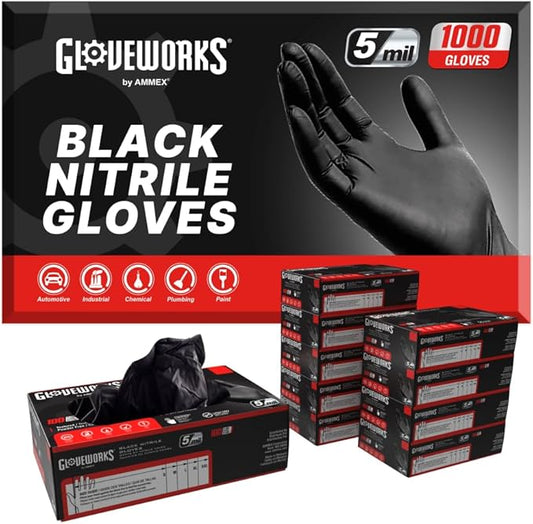 GLOVEWORKS Black Disposable Nitrile Industrial Gloves 5 Mil, Latex/Powder-Free, Food-Safe, Textured