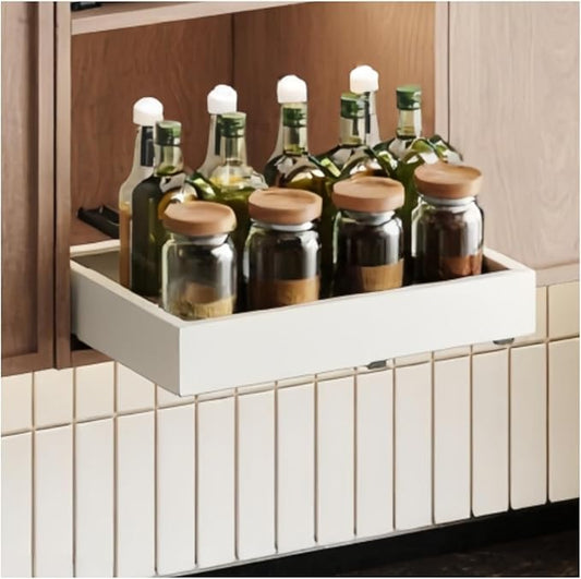 Pull out Cabinet Organizer,Width (11"-18") and Depth (10"-13") Expandable,No Drill Adjustable Slide out Drawers for Pantry,Adhesive Roll out Shelves Short,for upper cabinet,White